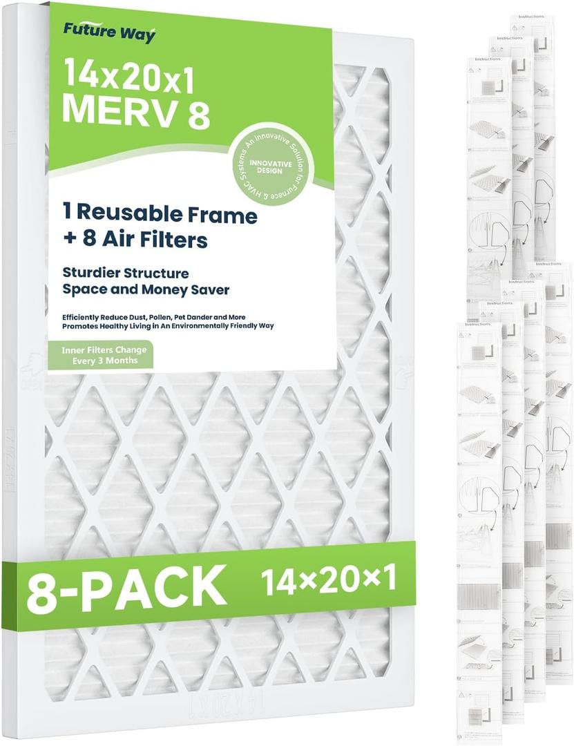 Future Way 14x20x1 Air Filters, 8-Pack with Reusable Frame, MERV 8, MPR 700 AC Furnace Filters, Space Saving & Cost-effective