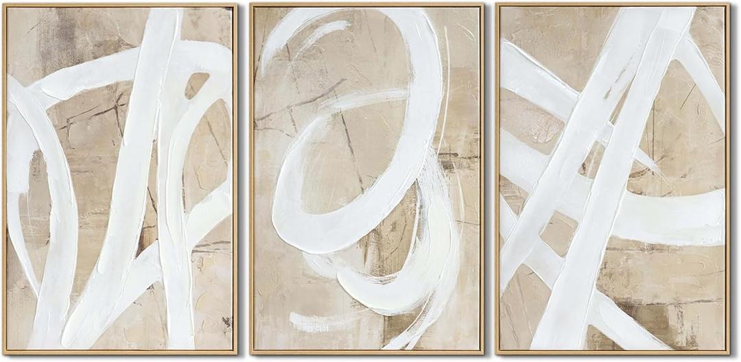 Zessonic Neutral Abstract Wall Art Minimalist White Brown Pastel Paint Strokes Shapes Textured Framed Wall Decor Artwork Canvas Paintings- Living Room Bedroom Office Modern Neutral 16"x24" 3 piece