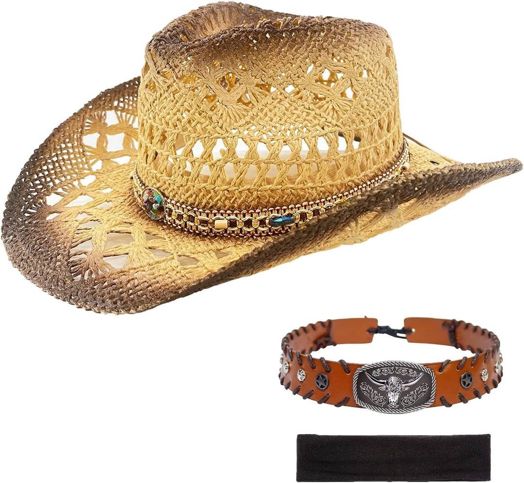 Men's Women's Western Straw Cowboy Hat, Cowgirl Sun Beach Hat with Two Decorative Bands and a Hair Band, Wide Brim Brown