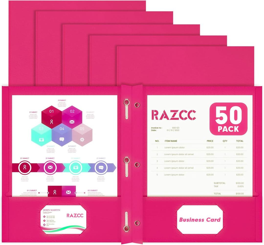 Two Pocket Folders, RAZCC 50 Pack Two Pocket Folders with Prongs, 3 Prong Folders Fit Letter Size Paper, Pocket File Folders for School Office Home Business, Magenta