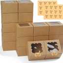 WINKIO 24pcs Brown Cookie Boxes, 4x4x2.5 Inches Bakery Boxes with Window, for Mini Cake Treat Dessert Pastry Donuts Macaroon Strawberries Chocolate Candy (with Stickers)