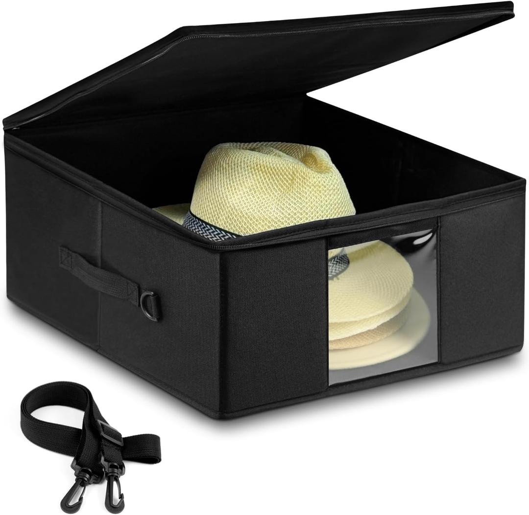 Teraves Large Cowboy Hat Storage Box, All Around Hardboard Support, Crush-Proof, Dust-Proof, Wide Brims Hat Travel Case with Shoulder Strap Carrying Handle and Trolley Sleeve, Black