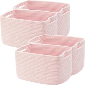 ENAORGAN Set of 4 Pink Woven Cotton Rope Storage Baskets for Baby Girl Rectangle Basket for Book Towel Toy Storage
