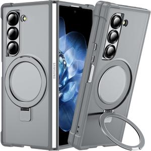 Hensinple for Samsung Galaxy Z Fold 6 Case with Ring Stand, [Compatible with MagSafe][Slim Fit], Magnetic Charing Translucent Back Shockproof Phone Case for Z Fold 6, Gray