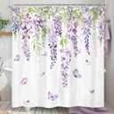 Riyidecor Purple Lavender Shower Curtain 72Wx72H Inch Lilac Spring Floral Wisteria Botany Rustic Green Leaves Watercolor Butterfly Women Girls Bathroom Decor Fabric Polyester Waterproof 12 Pack Hooks