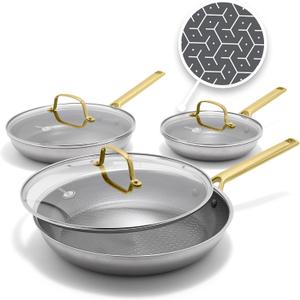 GreenPan Hybrid 6 Piece (8",10" & 12") Stainless Steel Skillets with Lids | APEX Tri-Ply Frying Pans, PFAS-Free Nonstick, Induction & All Cooktop Compatible, Dishwasher & Oven Safe up to 850F, Gold, 6 Piece Set