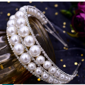 Pack Of 2 AW BRIDAL Pearl Hairband, Vintage Large Pearl Tiara Crown Bridal Headband Hair Accessories for Wedding (Silver, Big Pearl, 1 Count)
