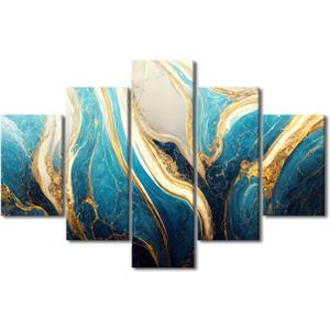 Modern Canvas Wall Art for Office 5 Panel Abstract Marble Art Poster Turquoise Gold and White Colors Picture Prints for Native Americans Living Room Home Wall Decor Stretched Ready to Hang 60x40 in