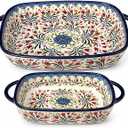 Polish Pottery Style Ceramic Baking Dish Set, 2-Piece Large & Small Casserole Bakers for 23 People, Floral Oven-to-Table Bakeware, Microwave & Dishwasher Safe, Gift-Ready with Protective Packaging (Olive Garland)