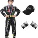 Race Car Driver Costume Boys Racer Jumpsuit With Car Cap Kids Dress Up for Halloween (XL(for height 57"-60"), Black)