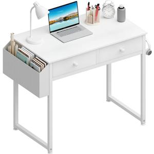 Lufeiya Small White Kids Desk with Drawers for Bedroom, 32 Inch Home Office Desks with Fabric Storage Drawer and Bag, Study Writing Vanity Table for Small Spaces, White