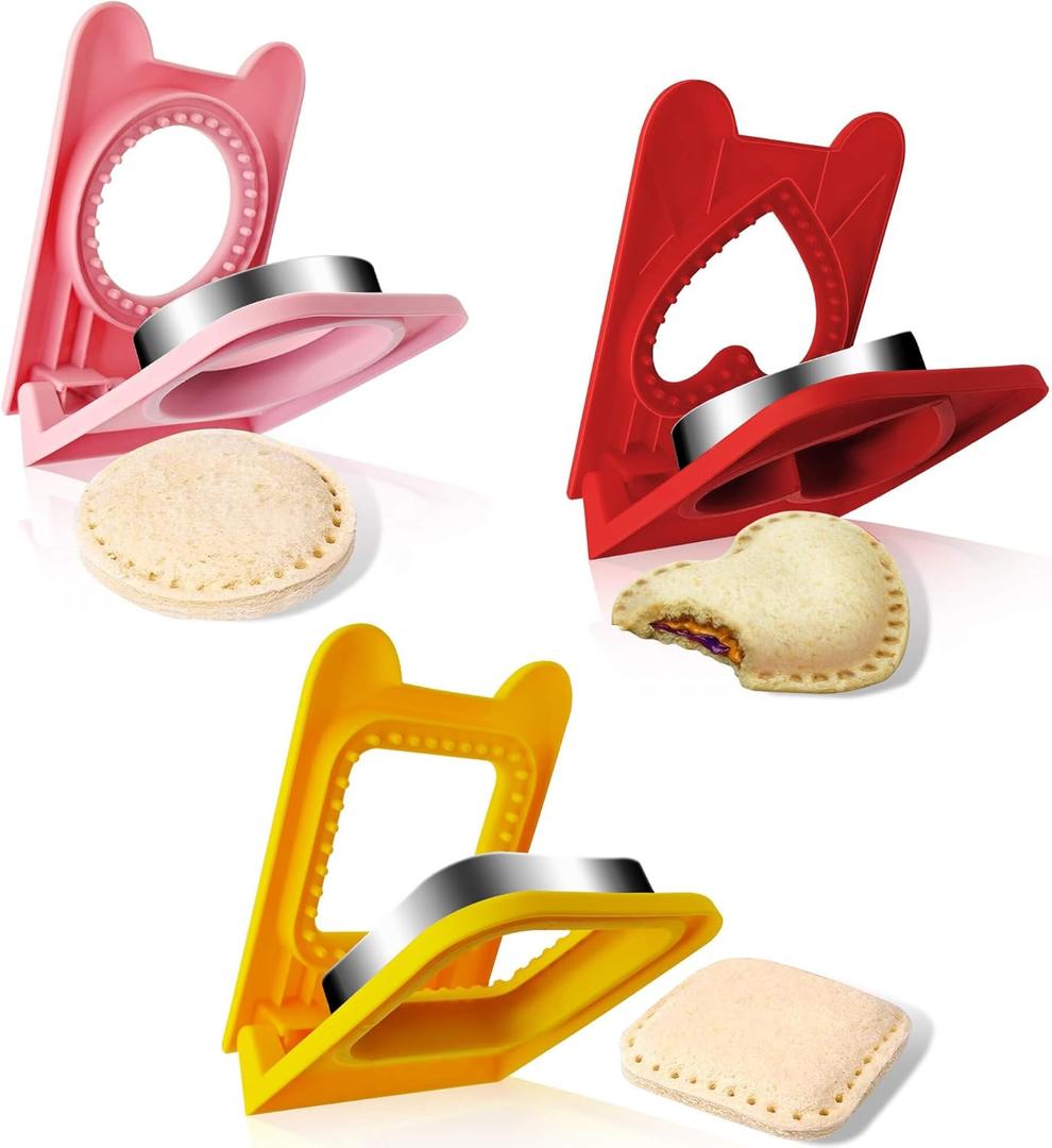 3PCS Sandwich Cutter and Sealer,Sandwich Cutters for Kids Lunch,Crustless Sandwich Cutter,Cookie Cutter for Children Lunchbox and Bento Box (Pink Round+Red Heart+Yellow Square)