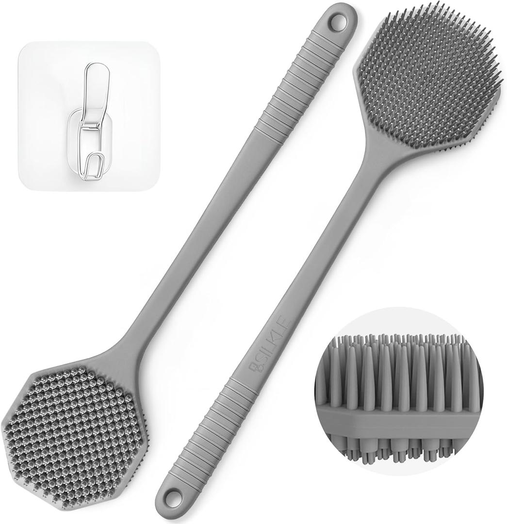 Silicone Back Scrubber with Long Handle - Octagon Body Brush for Shower, Bath, and Exfoliating - Skin Cleansing, Back Scrub and Gentle Silicone Sponge - Wash Your Body with Easy Reach - Silver