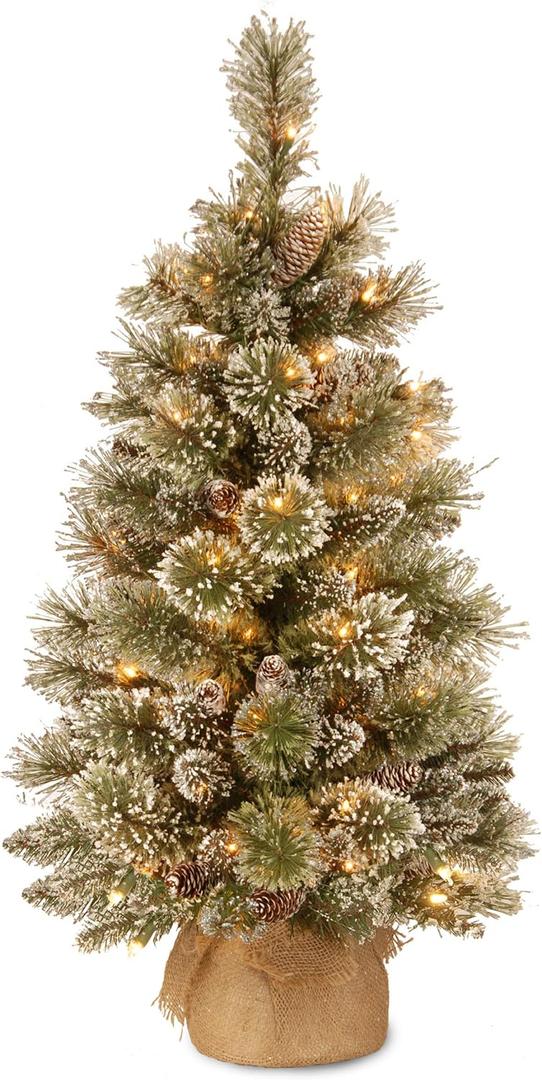 National Tree Company 3 ft Pre-Lit Glittery Bristle Mini Artificial Christmas Tree, Pinecones, 35 Clear LED Lights, 144 Tips, Timer, Burlap Base, Green