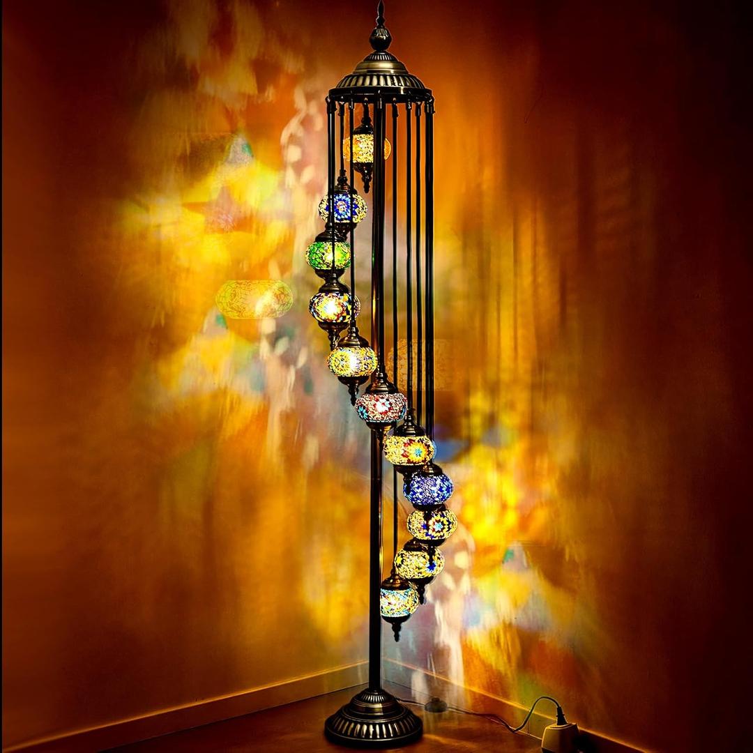 Hortsun Turkish Lamp Moroccan Floor Lamp Handmade Globe Living Floor Lighting Bohemia Standing Lighting for Decorative Home Designs(Floor,11 Globes Style)