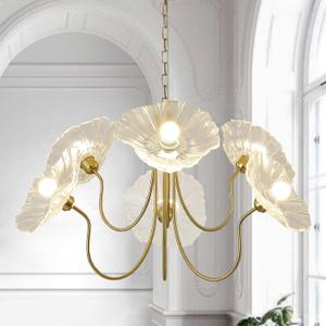 33.4" Modern Floral Glass Chandelier, 6-Light Extra Large Ceiling Light Fixture with Clear Flower Shades, Brass Gold Accents for Living Room, Bedroom, Dining Room