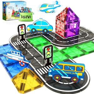 38PCS Magnetic Tiles Road Set, Magnetic Building Blocks for Toddlers, STEM Construction Toys for Kids Ages 3+, Gifts Toys for Boys & Girls