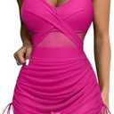 SUUKSESS Women One Piece Swim Dress Tummy Control Swimsuit Mesh Bathing Suit M
