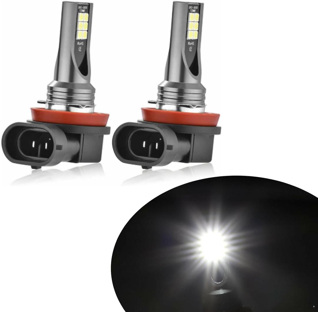 Pack-2 Car H8/H11 LED Fog Light Bulb, 1500LM 3030-12SMD 360 Degree Lighting High Brightness Tail Light, 50000H 6000K Stable Light Source Reversing Light, Universal for Most Cars (White)