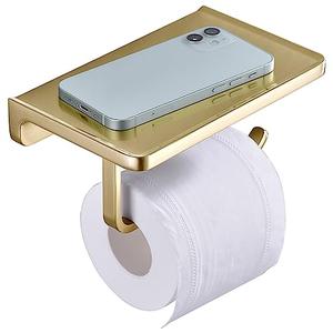 DIKUROOMS Brushed Gold Toilet Paper Holder with Phone Shelf, Wall Mounted Zinc Alloy Bathroom Accessories Rustproof Tissue Roll Holders Dispenser