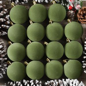 OCTERIC 30 Pcs 2.4 Inches Velvet Christmas Ball Ornaments, Shatterproof Green Flocked Bulbs Decorations Set, Retro Decorative Hanging Plastic Ornaments for Xmas Tree Holiday Party Dcor