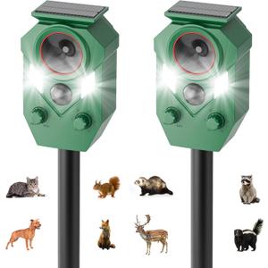 2-Pack Solar Powered Ultrasonic Animal Repeller with Motion Sensor, Outdoor Waterproof Deer Repellent Devices with Flashing Light for Garden, Yard & Patio, Coyotes, Raccoons, and Cats