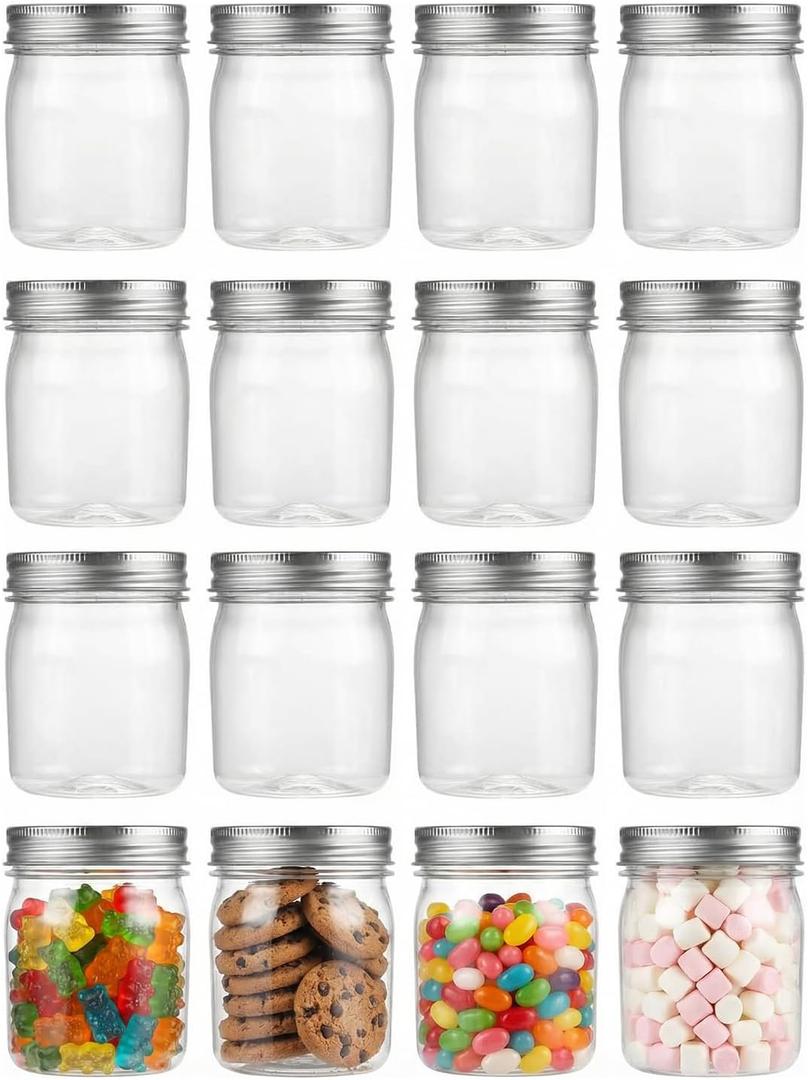 novelinks 8 oz Clear Plastic Mason Jars with Lids, 16 Pack Small Plastic Containers with Lids 8oz, Slime Containers with Lids & Spice Jars for Kitchen Organization (16 Pack,Silver)