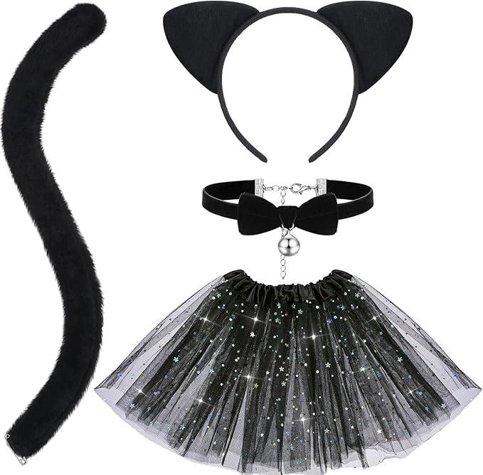 Hotop 3 Pcs Black Cat Costume Set - Girls Cat Cosplay with Ears, Tail, Tutu Skirt for Kitty Halloween Dress Up Party