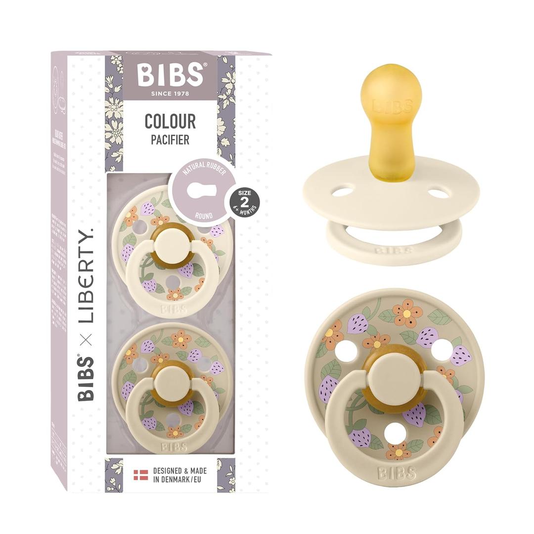 BiBS Liberty Pacifier 2-Pack, BPA Free Pacfiers with Natural Latex Round Nipple, Made in Scandinavia, Size 2 (6-18 Months), Strawberries and Cream Ivory Mix
