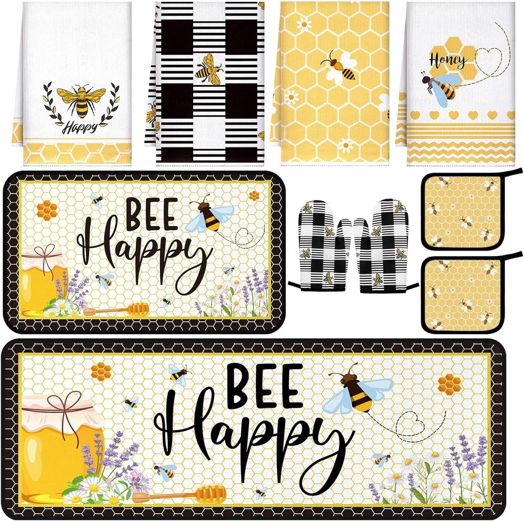 10 Pcs Bee Kitchen Dish Towels Rugs Oven Mitts and Pot Holders Set Farmhouse Kitchen Decor Set for Women Mom Daughter Gift Cooking Baking Grilling (Cute Yellow Black)