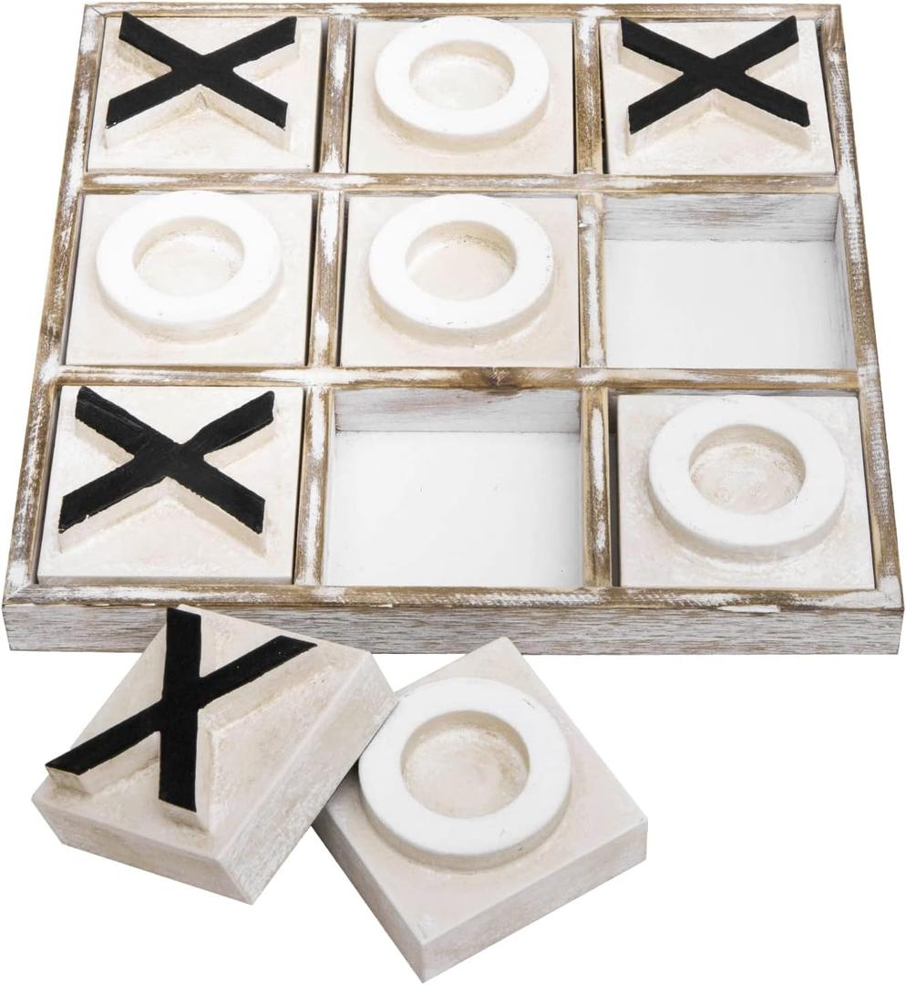 JEVERGN 12.6" Large Wooden Tic Tac Toe Game, Rustic Coffee Table Game, Wood Farmhouse Tic Tac Toe Board Game Decor, Family Games for Adult & Kids, Whitewashed