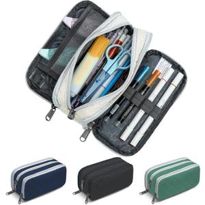 3 x Della Gao Large Pencil Case, Big Capacity Pencil Pouch with 3 Compartments, Office Pencil Bag with Zipper, Big Pen Case for Adults (Beige-03RH)