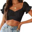 LYANER Women's Ruffle Short Sleeve Tie Up Back Crop Top Off Shoulder Bardot Blouse (Black) S