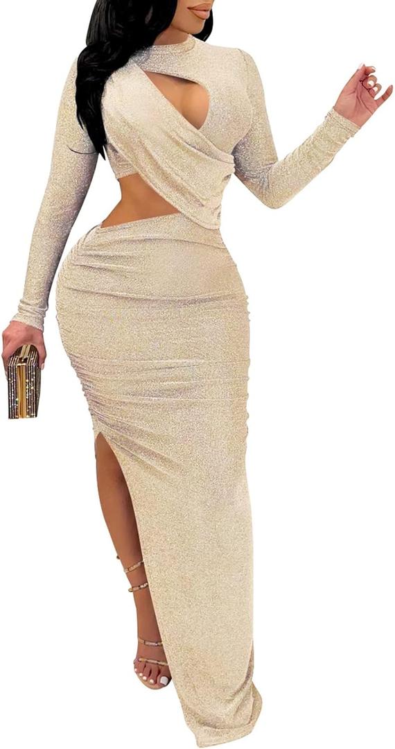 Famnbro Women's Sparkly Cut Out Dresses Wrap Ruched Bodycon High Split Cocktail Party Maxi Dress (Small, Apricot)