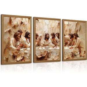 The Last Supper Wall Art Painting Jesus Christian Canvas Wall Decor Religious Bible Posters Jesus Christian Artwork Catholic Art Last Supper Picture for Dining Room Living Room 16x24 Inch Framed 3Pcs