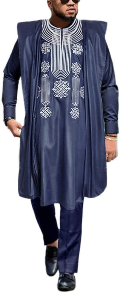 HD African Mens Apparel Agbada Clothing Embroidery Dashiki Shirts and Pants Outfits 3 Pieces (XX-Large, Blue)