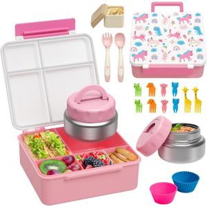 Bento Lunch Box with 9.5 oz Soup Thermo, Kids Leakproof 4 Compartments Bento Box with Silicone Cupcake,Fruit Fork,Spoon and Sauce Cup,Insulated Food Jar for School Travel-Rainbow Horse