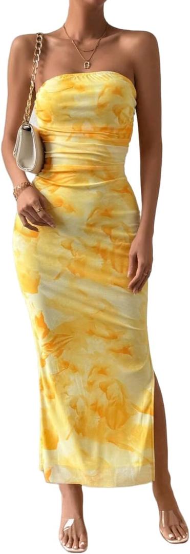 LIGHT DOT Women's Summer Dress Printed Strapless Tube Bodycon Maxi Side Slit Mesh Layered (Yellow, M)