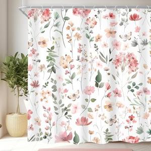 Cinbloo Pink Blush Coral Flower Floral Shower Curtain,Women Girls Wildflower Leaves Leaf Fabric Bathroom Curtains,Botanical Natural Spring Summer Butterfly Cloth Shower Curtain Set with Hooks, 72Wx72H