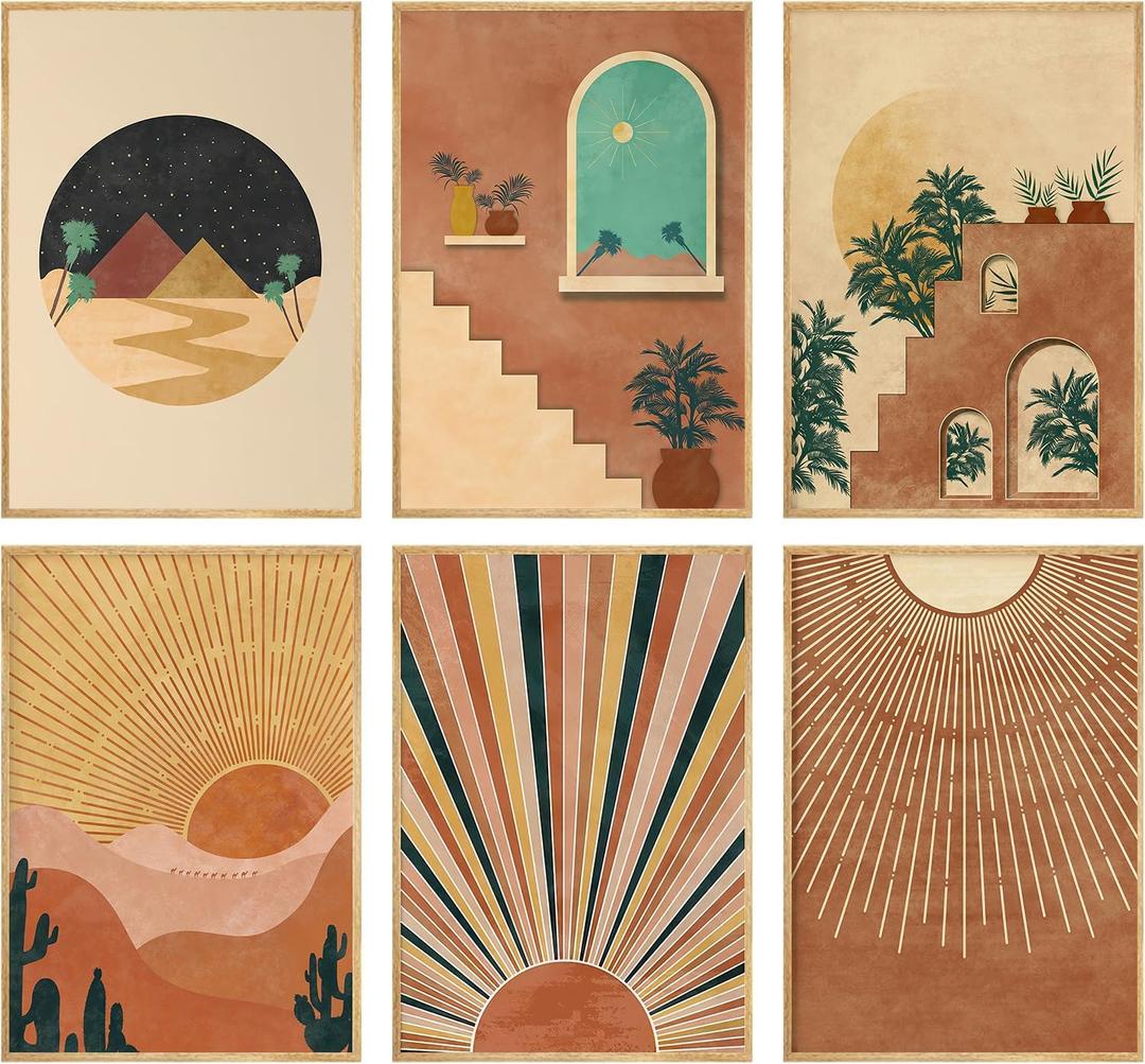 Boho Landscape Canvas Wall Art Abstract Terracotta Sunset Hill Desert Painting Picture Wall Decor Minimalist Geometric Sun Poster Prints Artwork for Living Room Bedroom Home Decoration 12x16in