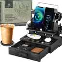 Black Wood Phone Docking Station for up to 3 Phones - Nightstand Organizer for Men & Women Holds Phones, Tablets, Keys, Rings, Glasses, Watches, EDC & More - With Special Drawer for Valuables