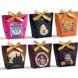 24Pcs Halloween Treat Boxes with Ribbons,6 Patterns Gift Bags for Kids Coworkers Decorations Boxes Party Favors Bags