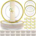 Tioncy 50 Set Clear Charger Plates Bulk 50 Beaded Plastic Charger Plates 13 Inch, 50 Napkin Rings, Acrylic Round Dinner Table Decorative Plate for Wedding Party Event(Clear and Gold)