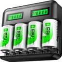 EBL Rechargeable D Batteries 4 Pack 1.2V 10000mAh High Capacity with LCD Smart Battery Charger for Ni-MH AA AAA C D Rechargeable Batteries