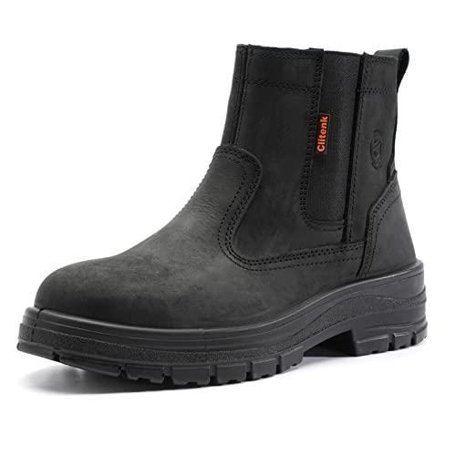 Clitenk Slip On Work Boots for Men Waterproof, 6" Oiled Full Grain Leather Steel Toe Boots, Non-Slip, Puncture-Proof, Breathable, Comfortable Outdoor Lightweight Mens Work Boots 9