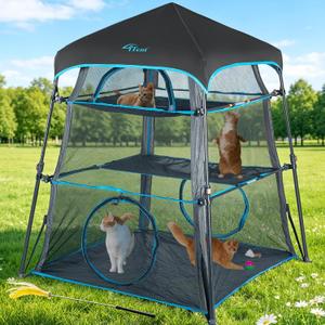 Cat Enclosure Kitten and Cat Tower Tent for Indoor and Outdoor,3 Tier Cat Cage Inside, X-Large Outdoor Catio,Portable and Foldable,Two Doors Design can Assemble More Shapes (Patented)-Blue Trim