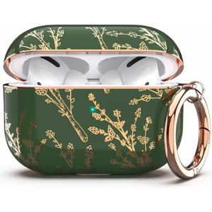 TATOFY Case Cover for AirPods Pro 2019,Stylish AirPods Pro Case for Women Girls, Flower Patterns Protective Hard Case with Clip (Golden Green)