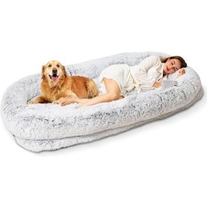 Human Dog Bed XL 79"x44"x12.5" - Shared Orthopedic Dog Bed for Adults & Pets, Large Size Faux Fur Pet Bed, Removable Washable Cover, Light Grey