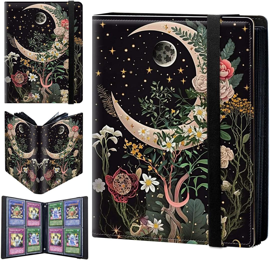 Moon Floral Card Binder 4 Pockets 160 Cards Slot Faux Leather