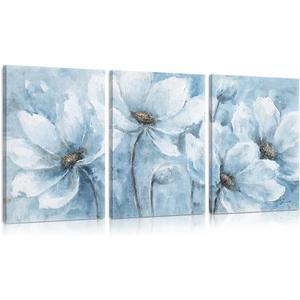 Yidepot Magnolia Flower Picture Wall Decor: Handpainted Blue And White Flower Canvas Wall Art for Bedroom Floral Painting Frame Ready to Hang (16"x24"x3 Panels)